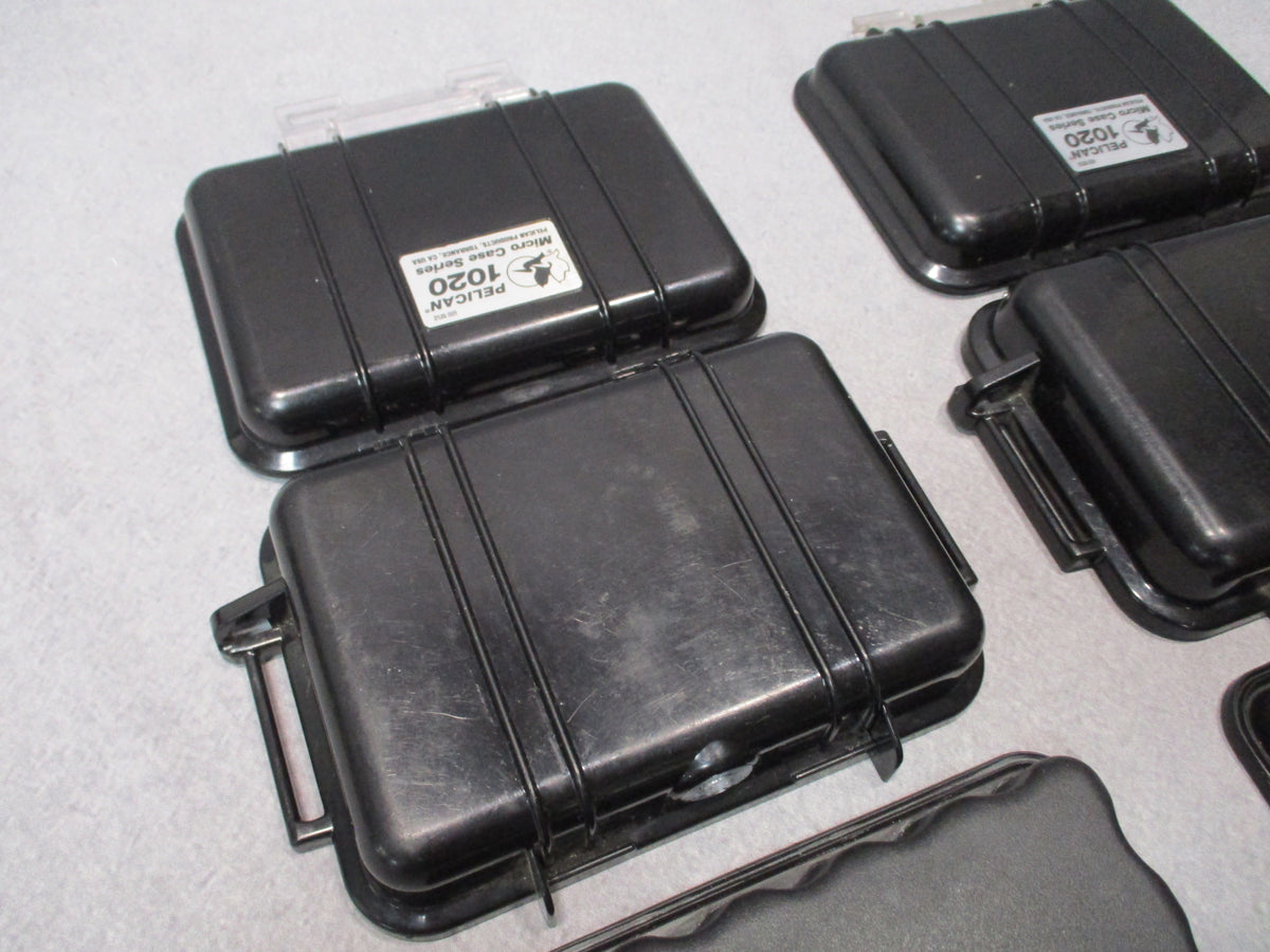 Pair of Pelican 1020 Micro Cases, black hard storage boxes, USA made, shown closed