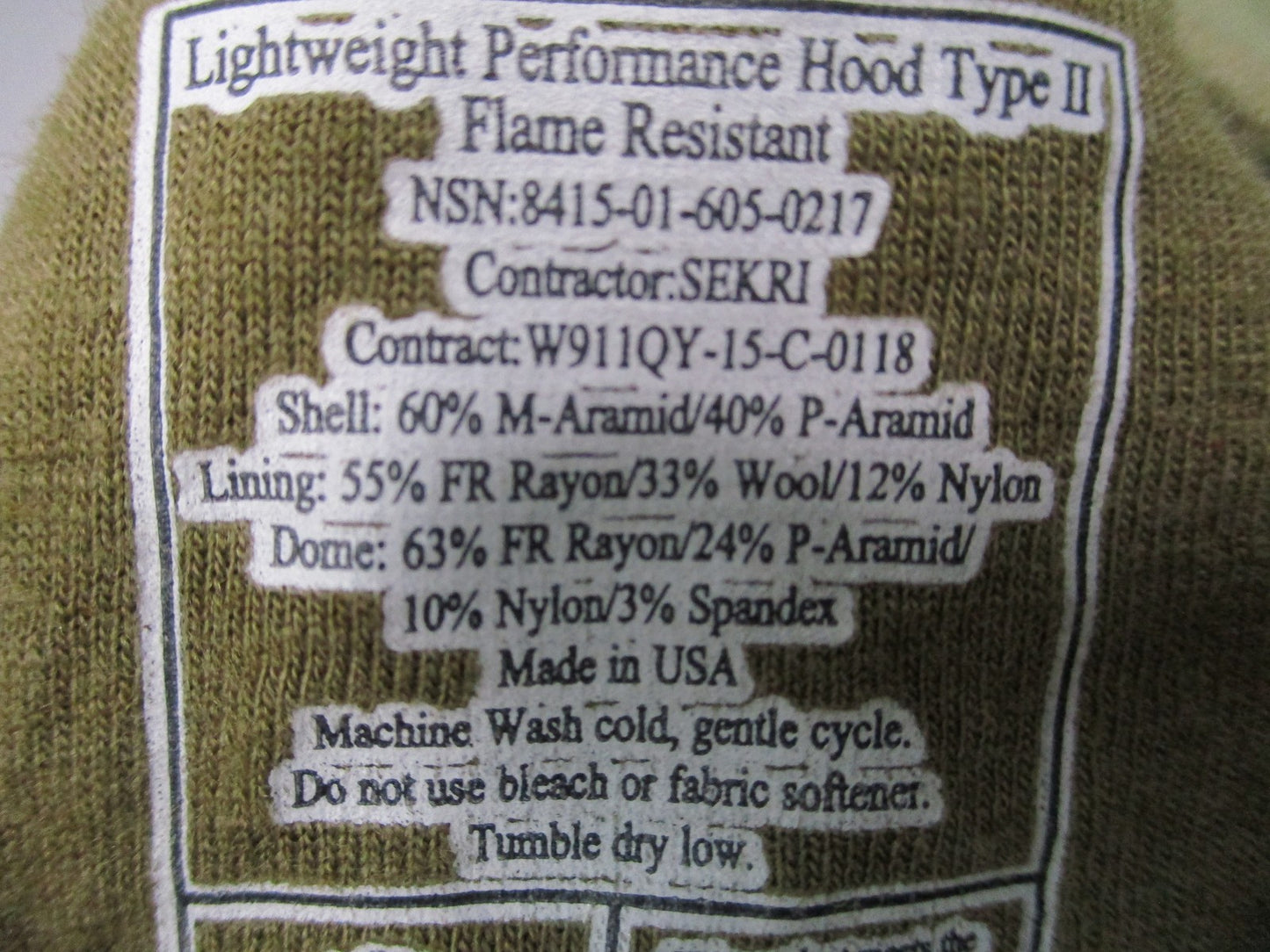 US Army Lightweight Performance Hood Type II FR Balaclava NSN 8415-01-605-0217