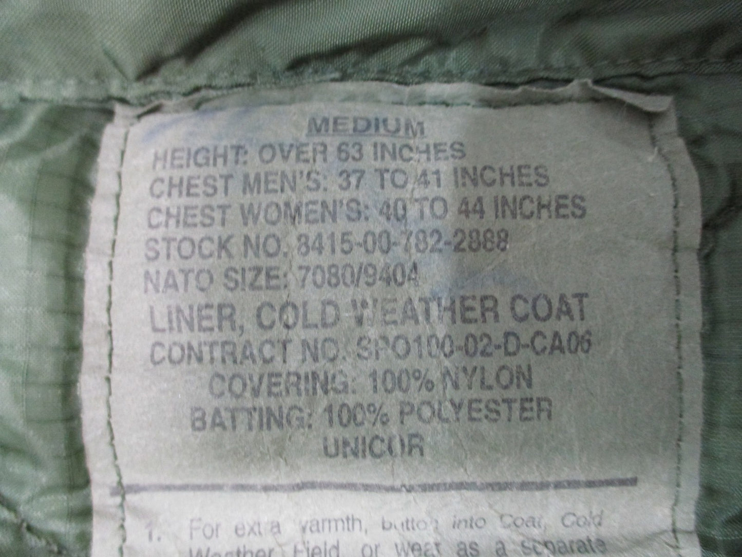 US Military M-65 Field Coat Liner Olive Drab Quilted Jacket Insert Medium Green