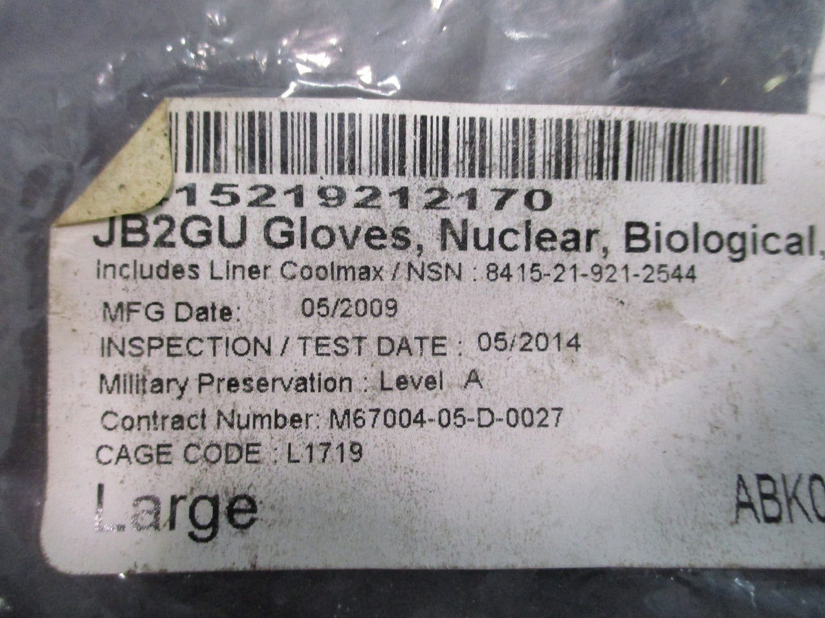 AirBoss JB2GU JSLIST NBC Chemical Protective Gloves Large Coolmax Liners NOS