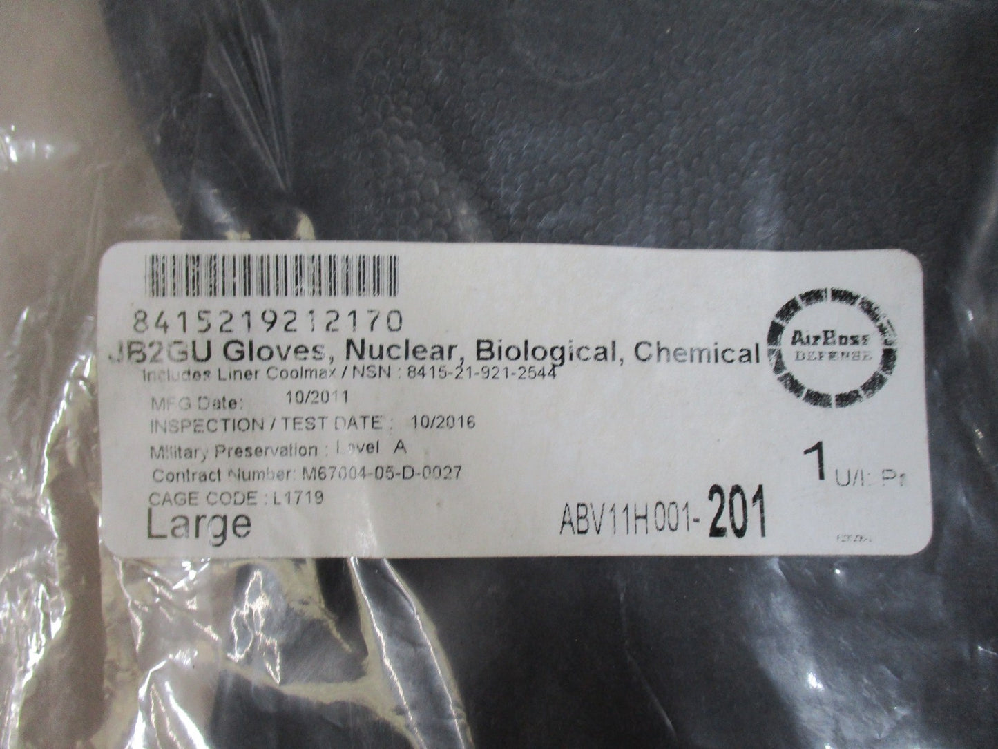 New AirBoss Defense JSLIST Block 2 NBC Protective Gloves Large w/ Coolmax Liners