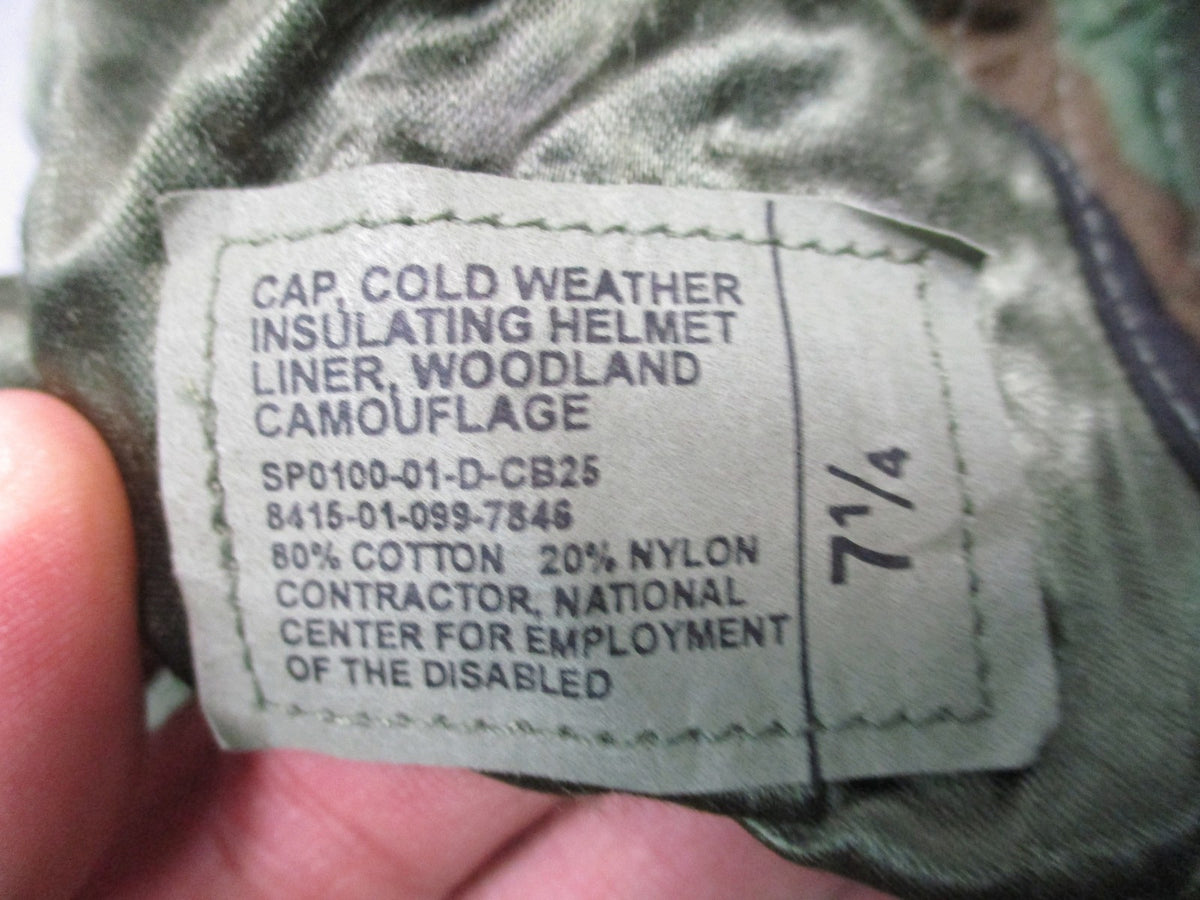 US Military Woodland Camo Cold Weather Helmet Liner Cap Size 7 1/4 Surplus