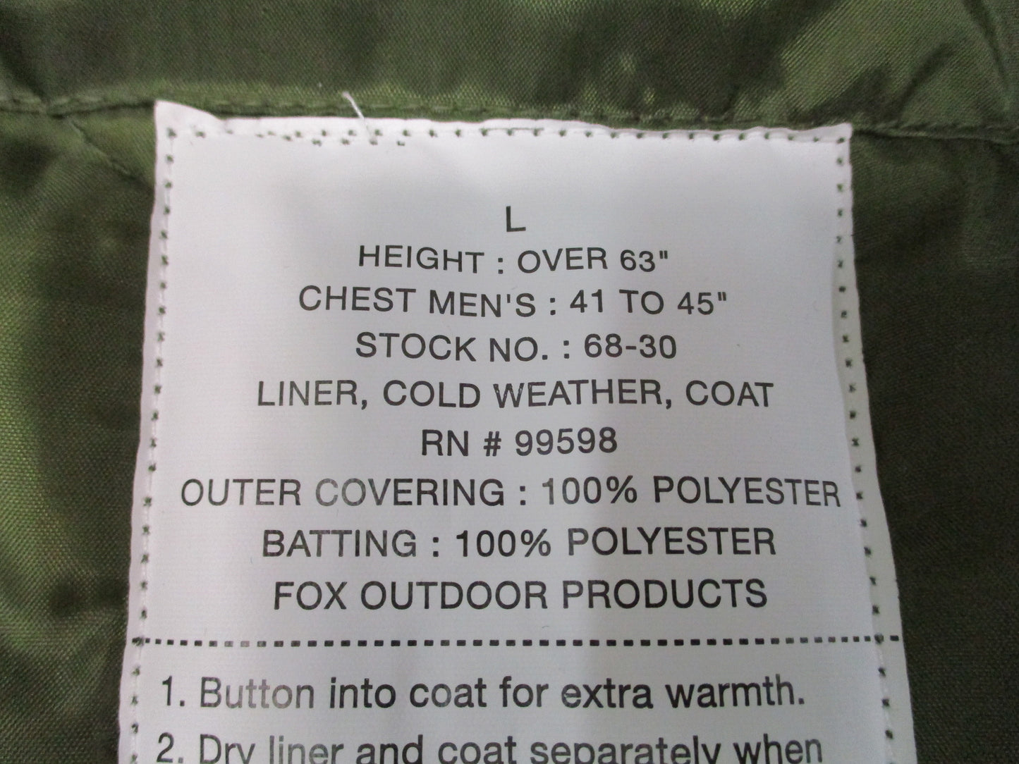 New Fox Outdoor M-65 Field Jacket with Liner Olive Drab Size Large