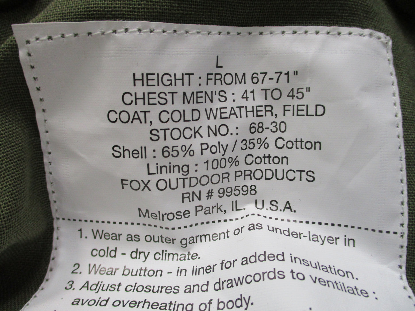New Fox Outdoor M-65 Field Jacket with Liner Olive Drab Size Large