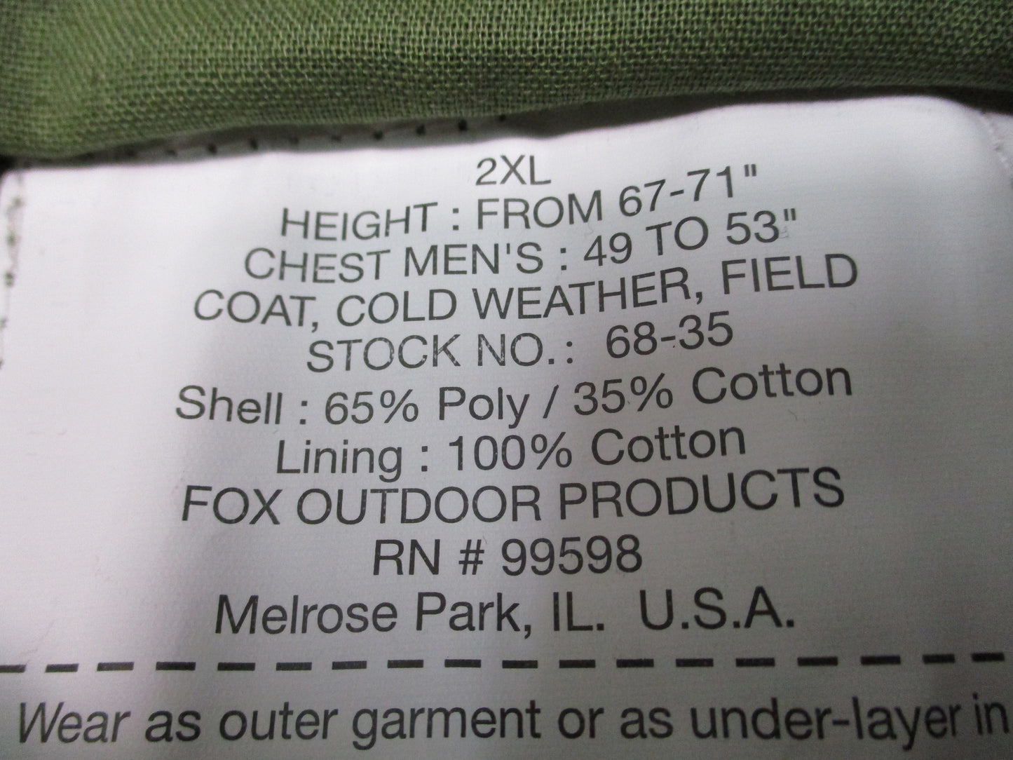 New Fox Outdoor M65 Field Jacket with Liner Tiger Stripe Camo Size 2XL