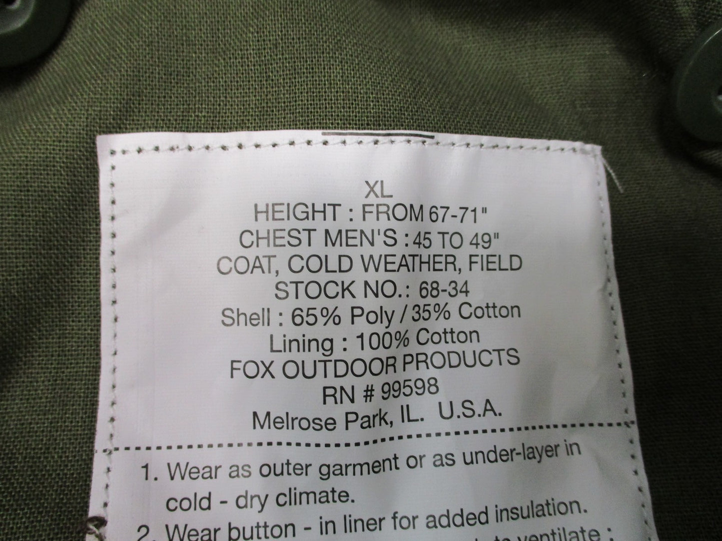 New Fox Outdoor M65 Field Jacket w. Liner Woodland Camo 68-34 Camouflage Size XL