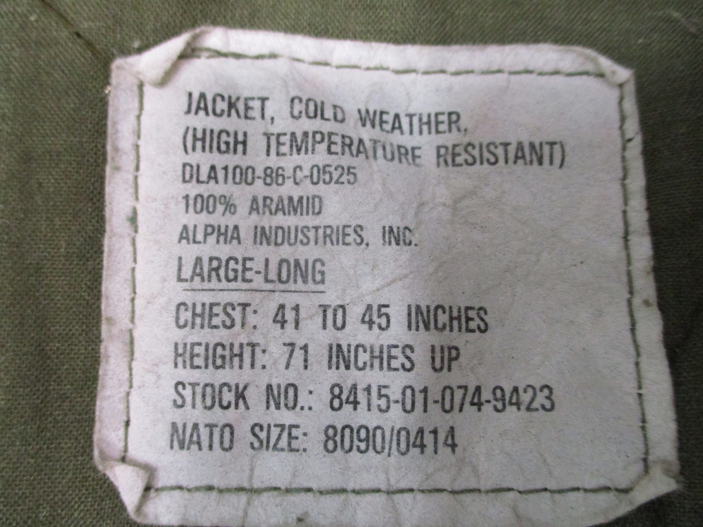 Vintage Alpha Industries CWU-45/P Flight Jacket Cold Weather Aramid Large Long