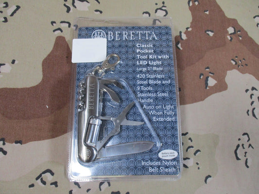 New Beretta Classic Pocket Multi-Tool Kit with LED Light & Nylon Sheath