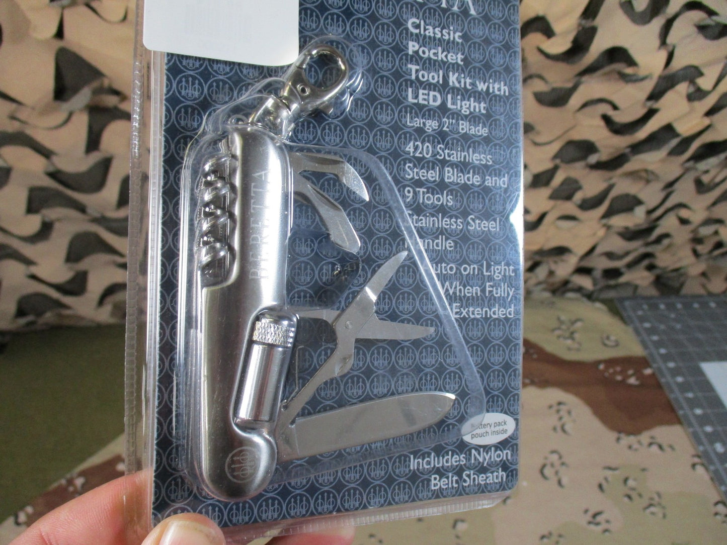 New Beretta Classic Pocket Multi-Tool Kit with LED Light & Nylon Sheath