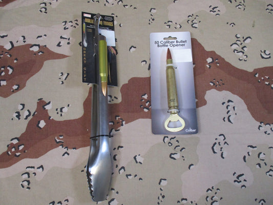 New Bullet BBQ Tongs & 50 Caliber Bottle Opener Set Novelty Grilling Gift