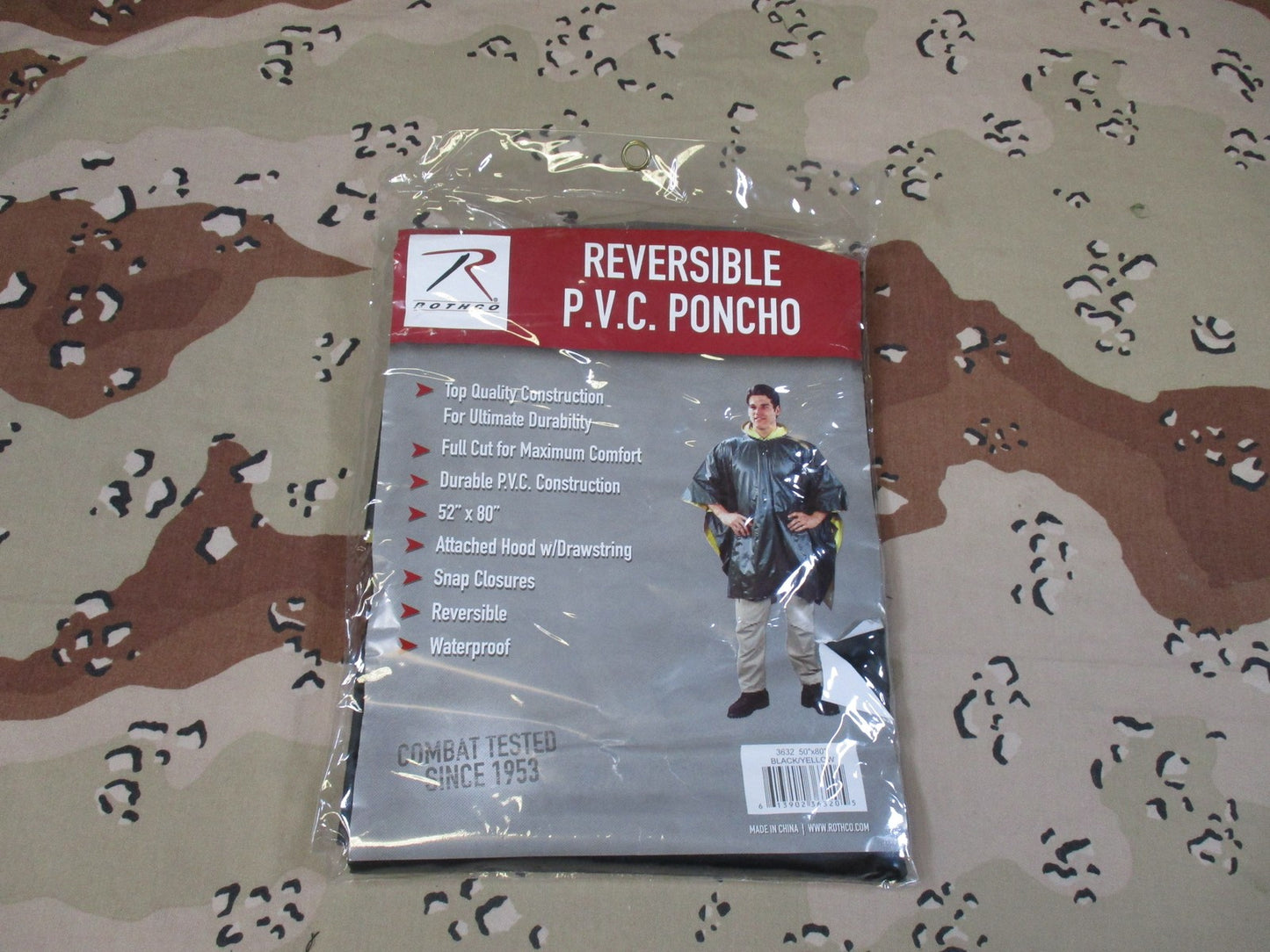 Rothco Reversible P.V.C. Poncho Black/Yellow Waterproof Hooded Rain Gear 52x80