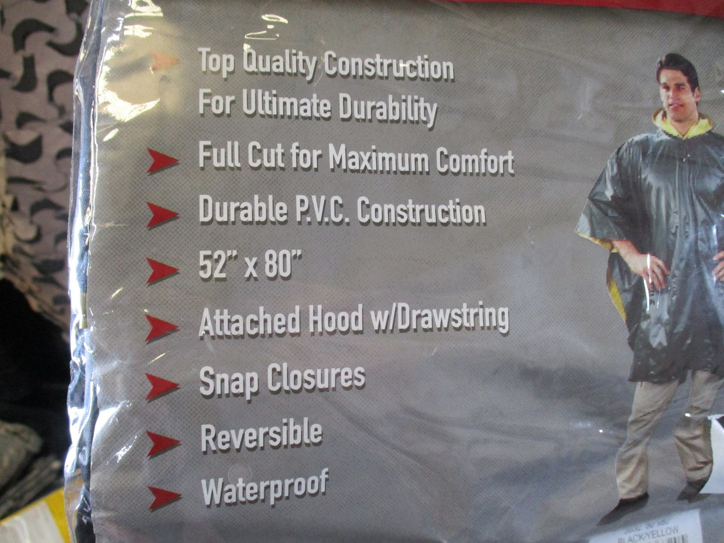Rothco Reversible P.V.C. Poncho Black/Yellow Waterproof Hooded Rain Gear 52x80