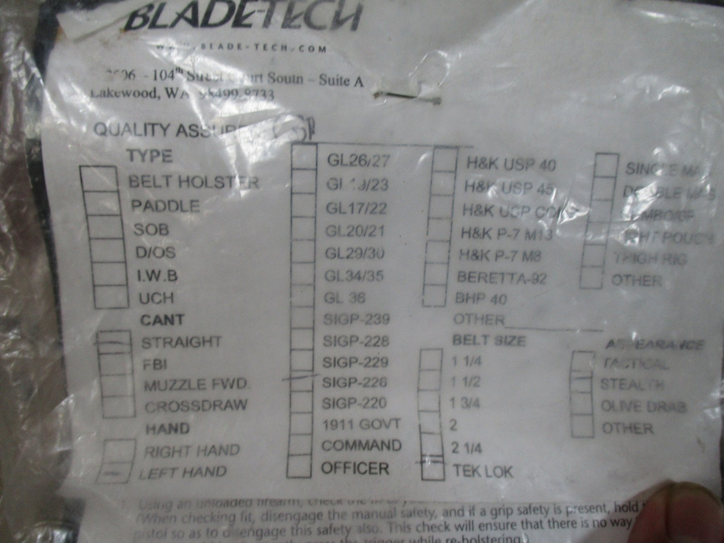 Blade-Tech Kydex Paddle Holster Black Made in USA Sig P226 Left Hand