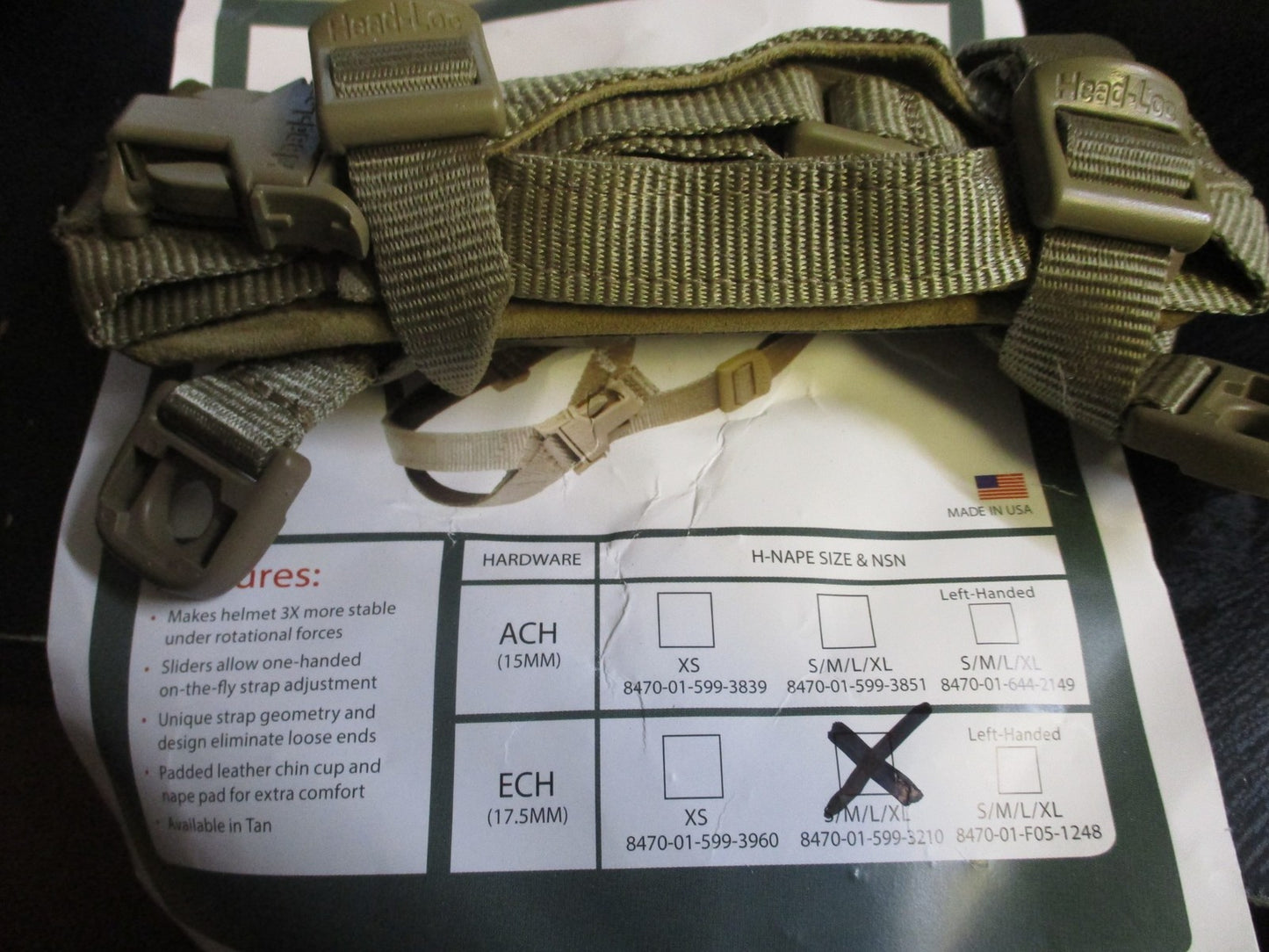 ENHANCED COMBAT HELMET H-NAPE CHINSTRAP ECH COYOTE BROWN RETENTION SYSTEM STRAP