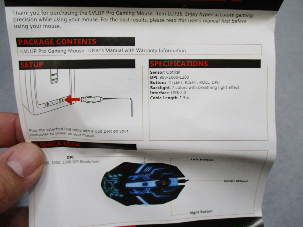 LVLUP LU736 Pro Gaming Mouse RGB Backlight Adjustable DPI Ergonomic USB