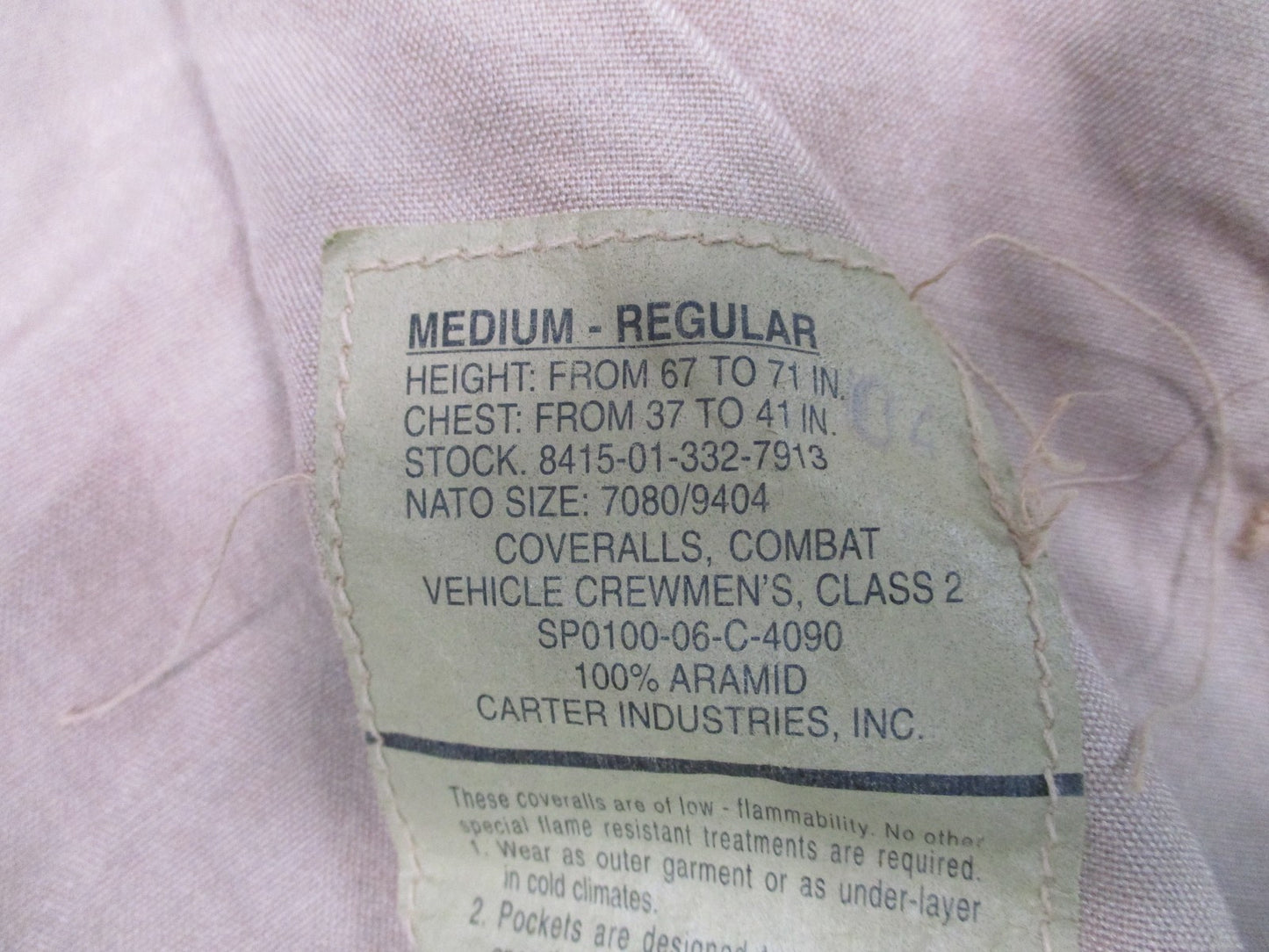 USGI Carter Industries CVC Coveralls Tan NSN Medium-Regular 8415-01-332-7913