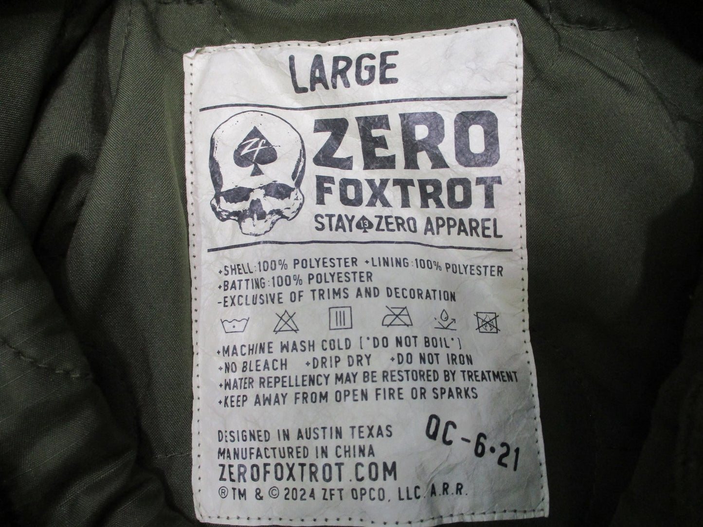 Zero Foxtrot Quilted Pullover Hoodie Men's Large Olive Green Skull Patch
