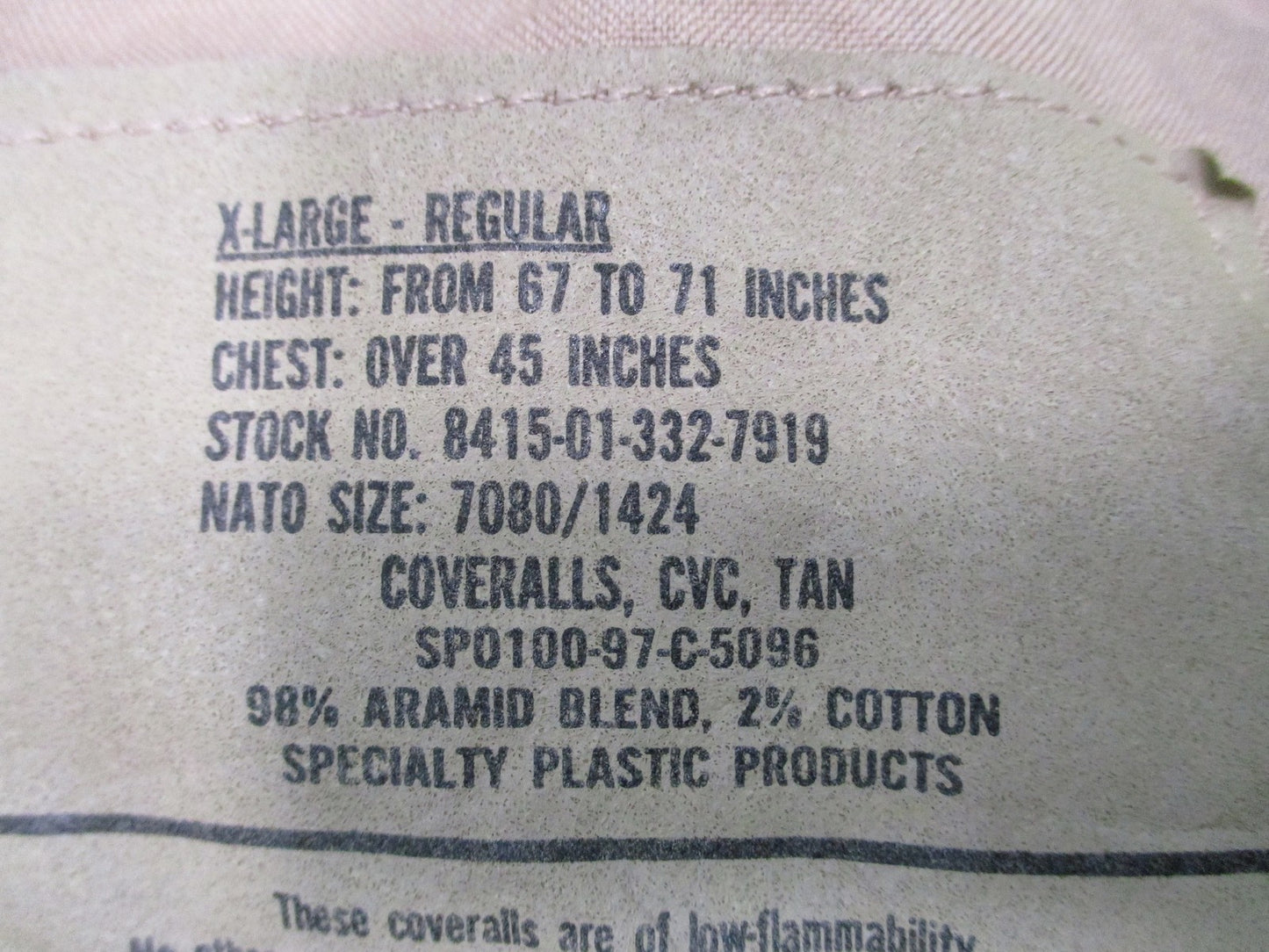US Military CVC Coveralls Tan Aramid Flame Resistant Flight Suit XL-Regular