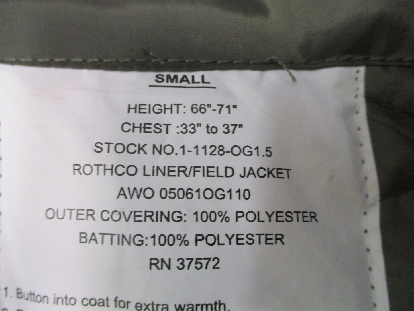 New Rothco M-65 Field Jacket Liner Olive Drab Quilted Thermal Coat Insert Small