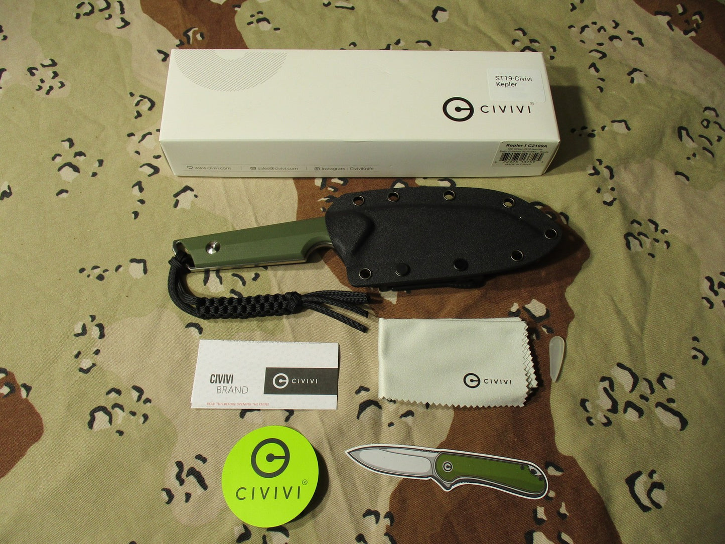 Civivi Kepler C2109A  Green G10 Fixed Blade Knife Satin 9CR18Mov Blade w/ Sheath
