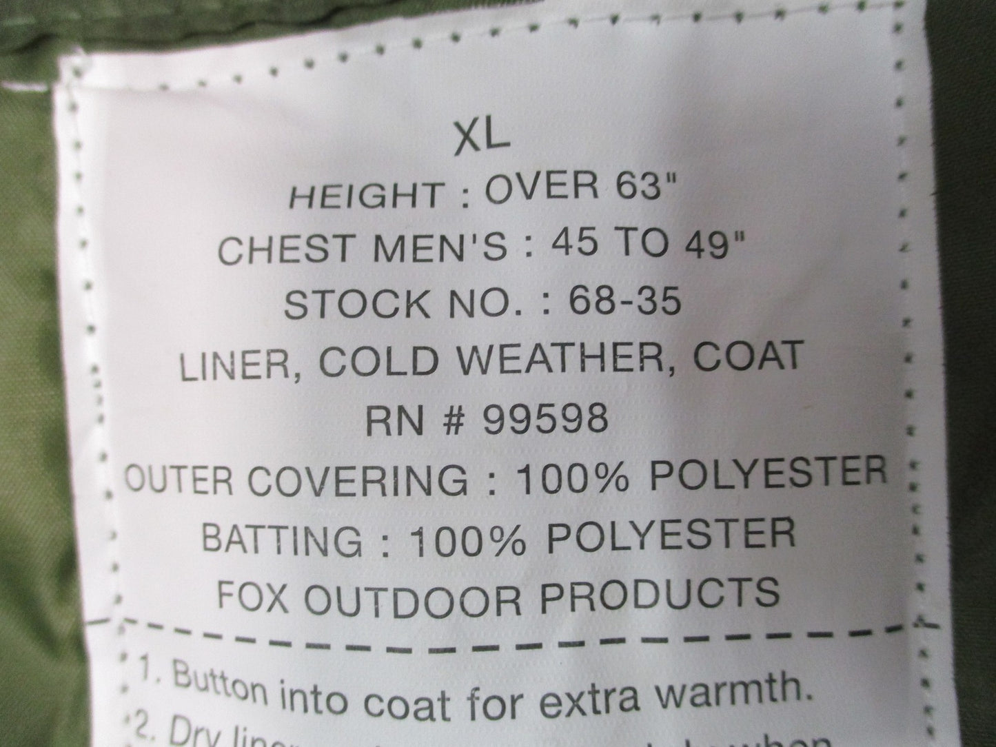 New Fox Outdoor M65 Field Jacket w/ Liner Tiger Stripe Camo Size XL