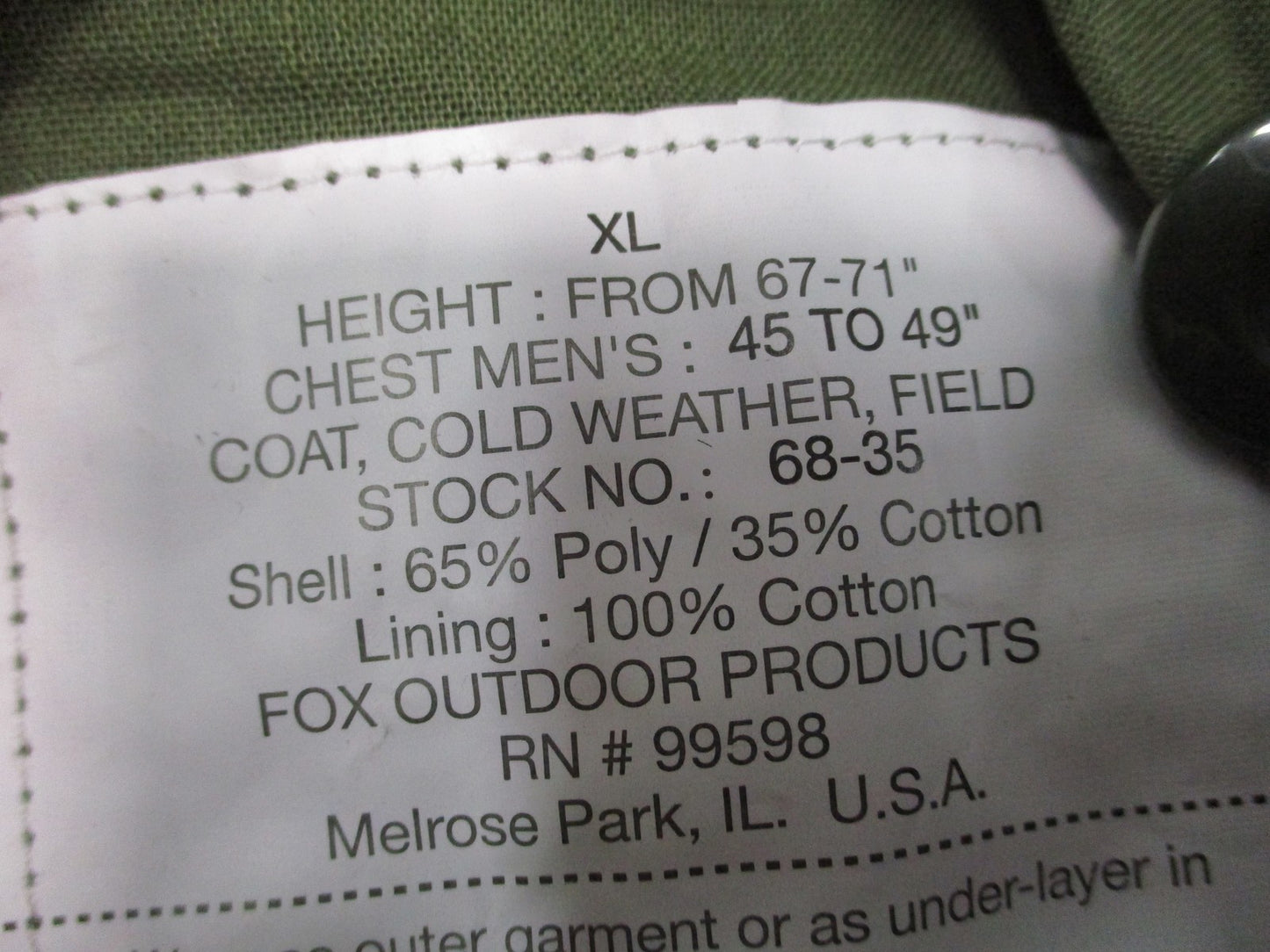 New Fox Outdoor M65 Field Jacket w/ Liner Tiger Stripe Camo Size XL