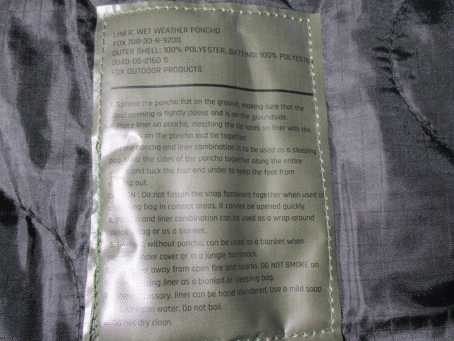 New Fox Outdoor Products Wet Weather Poncho Liner Black Rip-stop Blanket