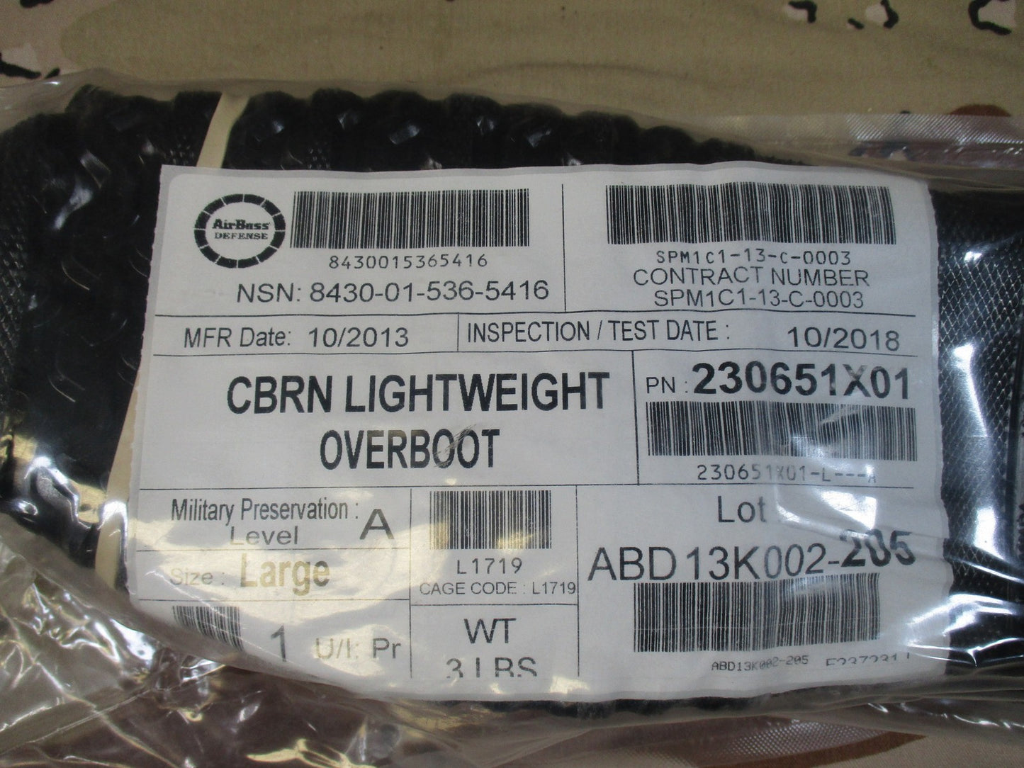 AirBoss Defense CBRN Lightweight Overboot Size Large New Sealed Military Surplus