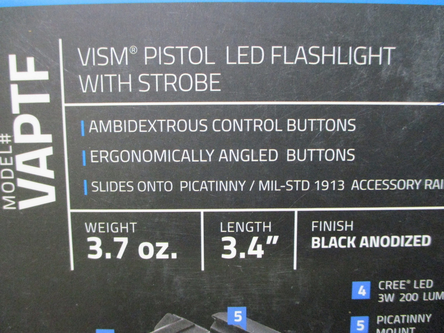 VISM VAPTF Tactical LED Pistol Flashlight with Strobe - Black Anodized Aluminum