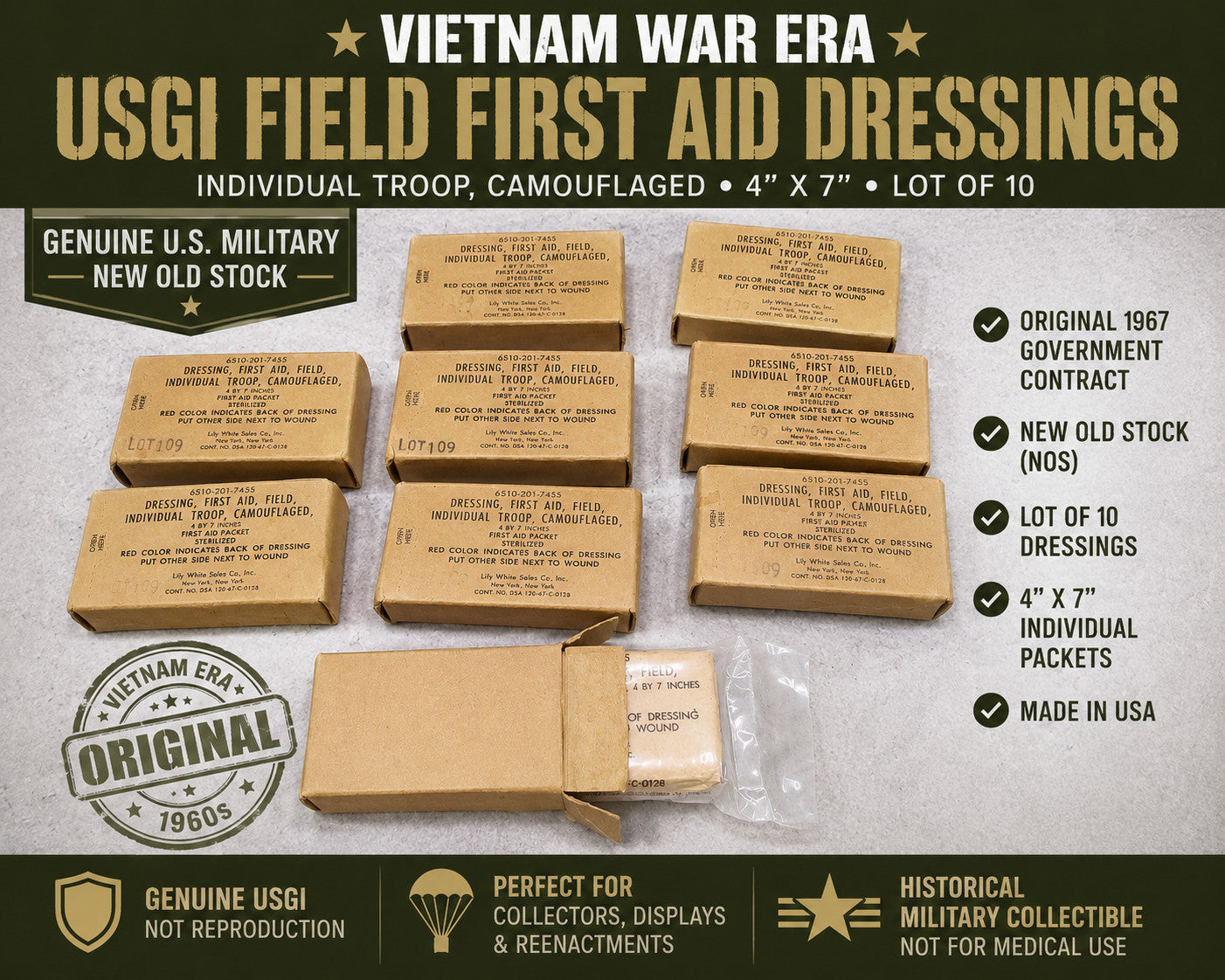 Lot of 10 Vietnam War USGI Field First Aid Dressings 4x7 NOS 1967 Sealed