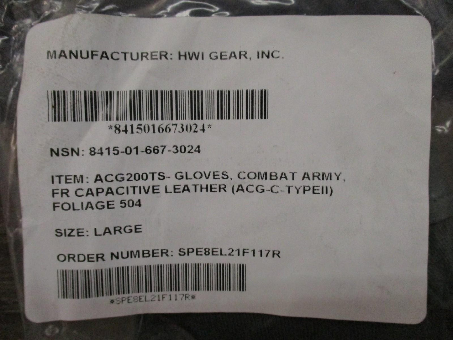 NEW US ARMY COMBAT GLOVE CUT/FIRE RESISTANT LARGE FOLIAGE HATCH HWI TYPE II