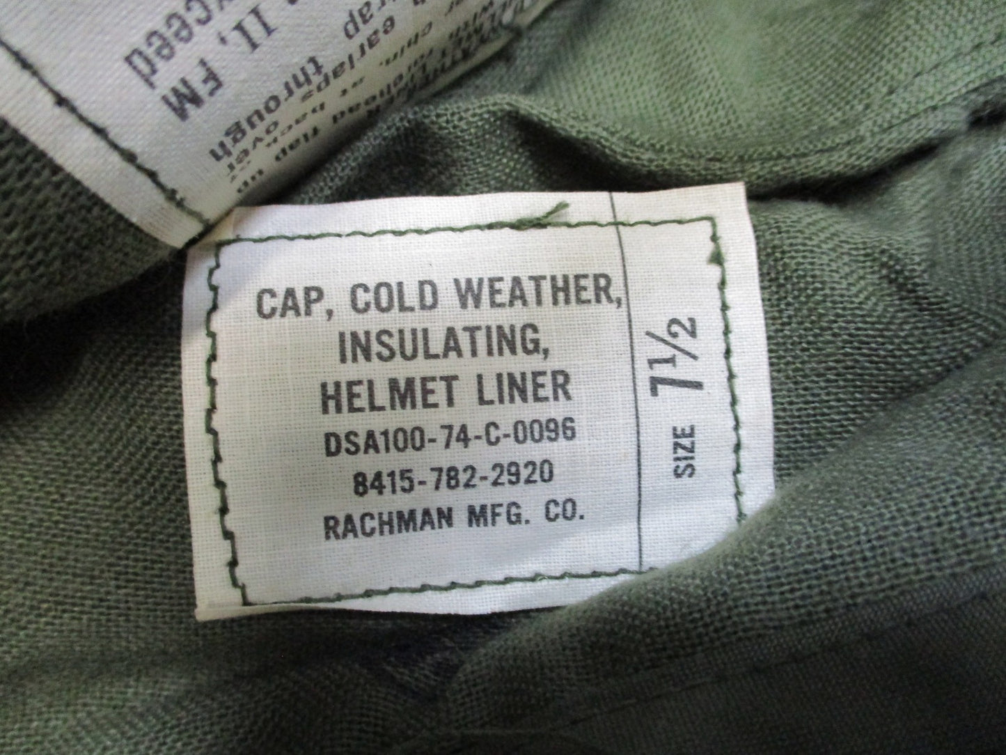 USGI Cold Weather Helmet Liner Cap 7 1/2 NOS 1974 OD Green Military Winter