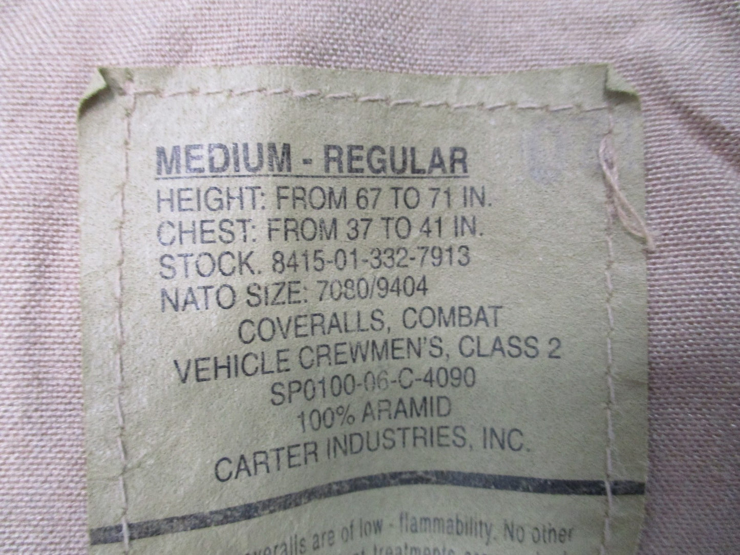 US Military Combat Vehicle Crewmen Coveralls Aramid Tan Medium Regular Surplus
