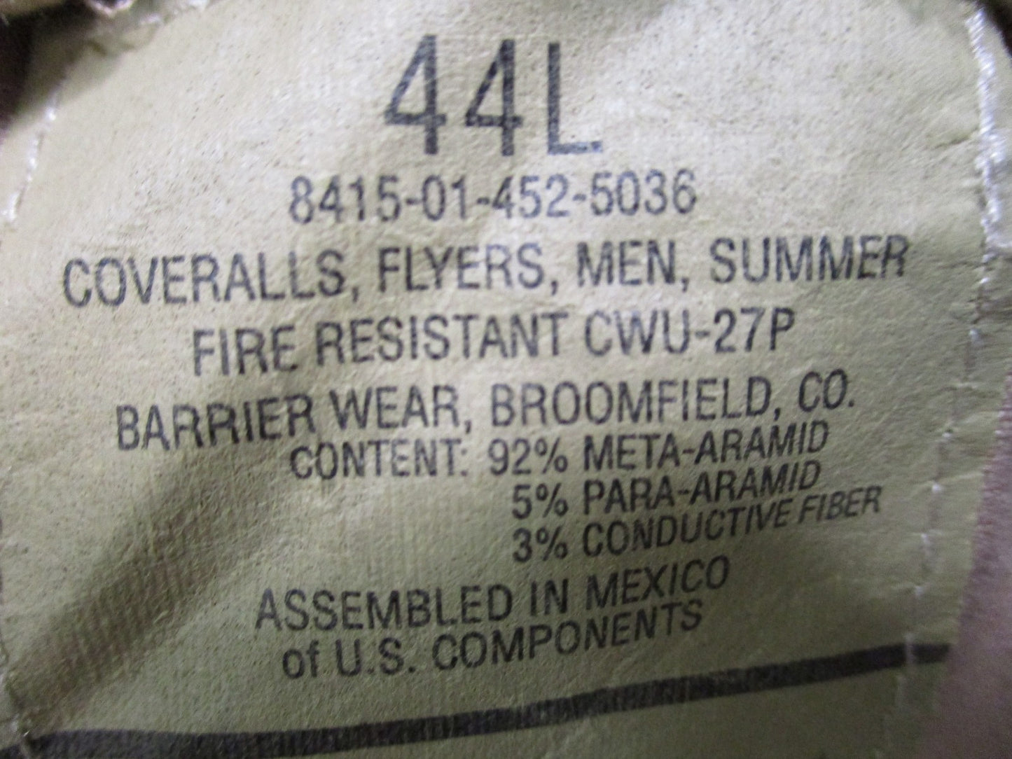 US Military CWU-27/P Flight Suit Coveralls Tan Fire Resistant Size 44L