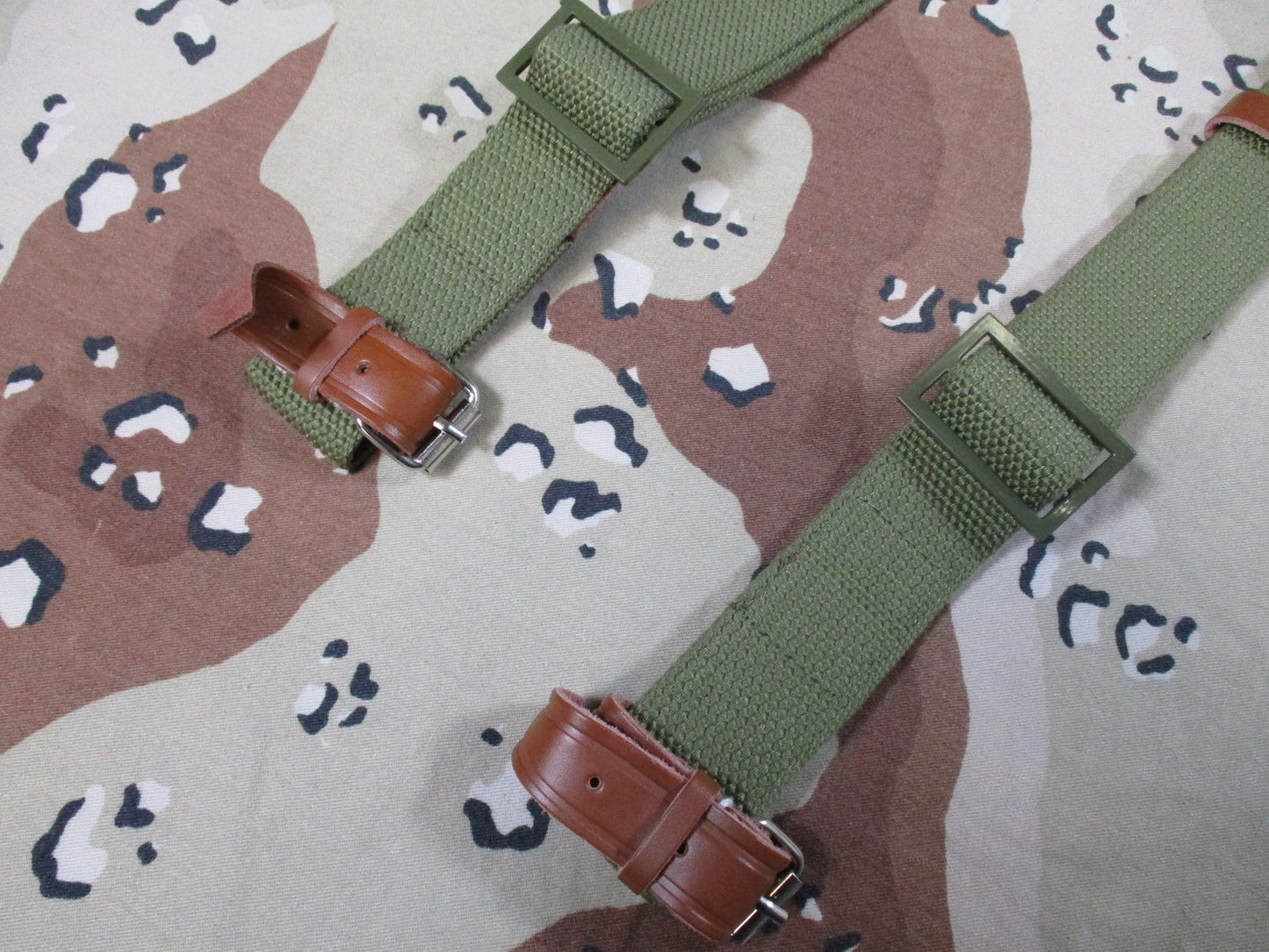 Vintage Style Military Webbing Suspenders Olive Drab Leather Tabs Adjustable
