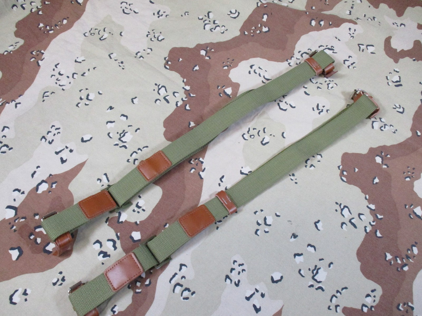 Vintage Style Military Webbing Suspenders Olive Drab Leather Tabs Adjustable