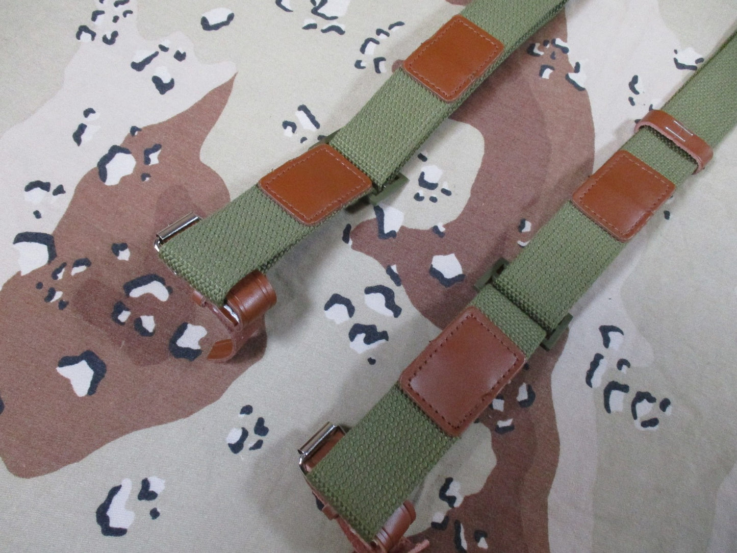 Vintage Style Military Webbing Suspenders Olive Drab Leather Tabs Adjustable