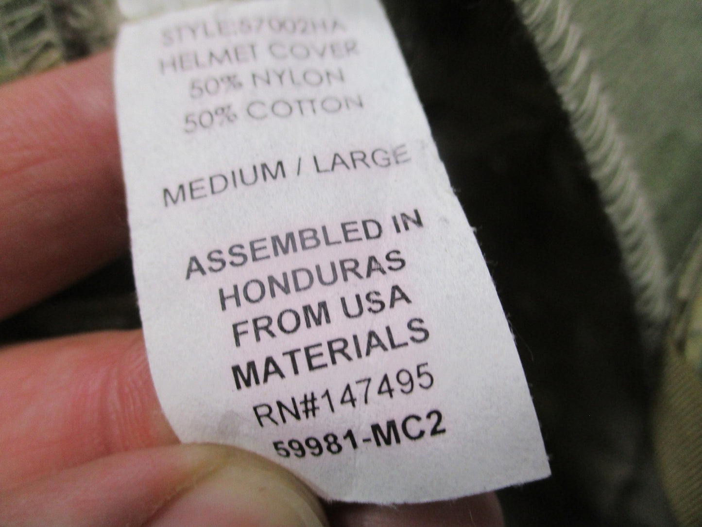 MultiCam Tactical Helmet Cover Size Medium/Large 50/50 Nylon Cotton PASGT