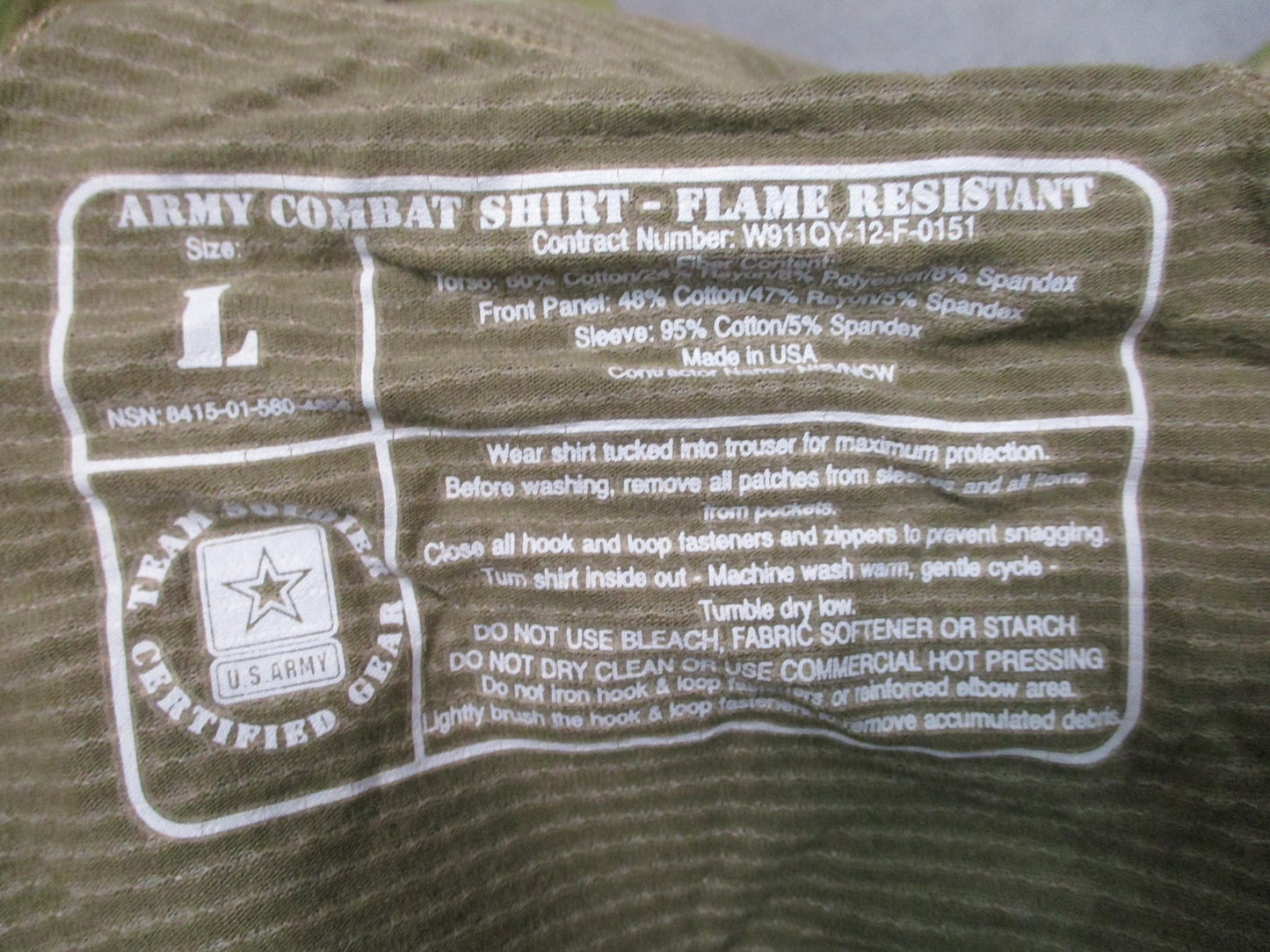 USGI Army Combat Shirt Flame Resistant MultiCam Size Large Tactical Uniform