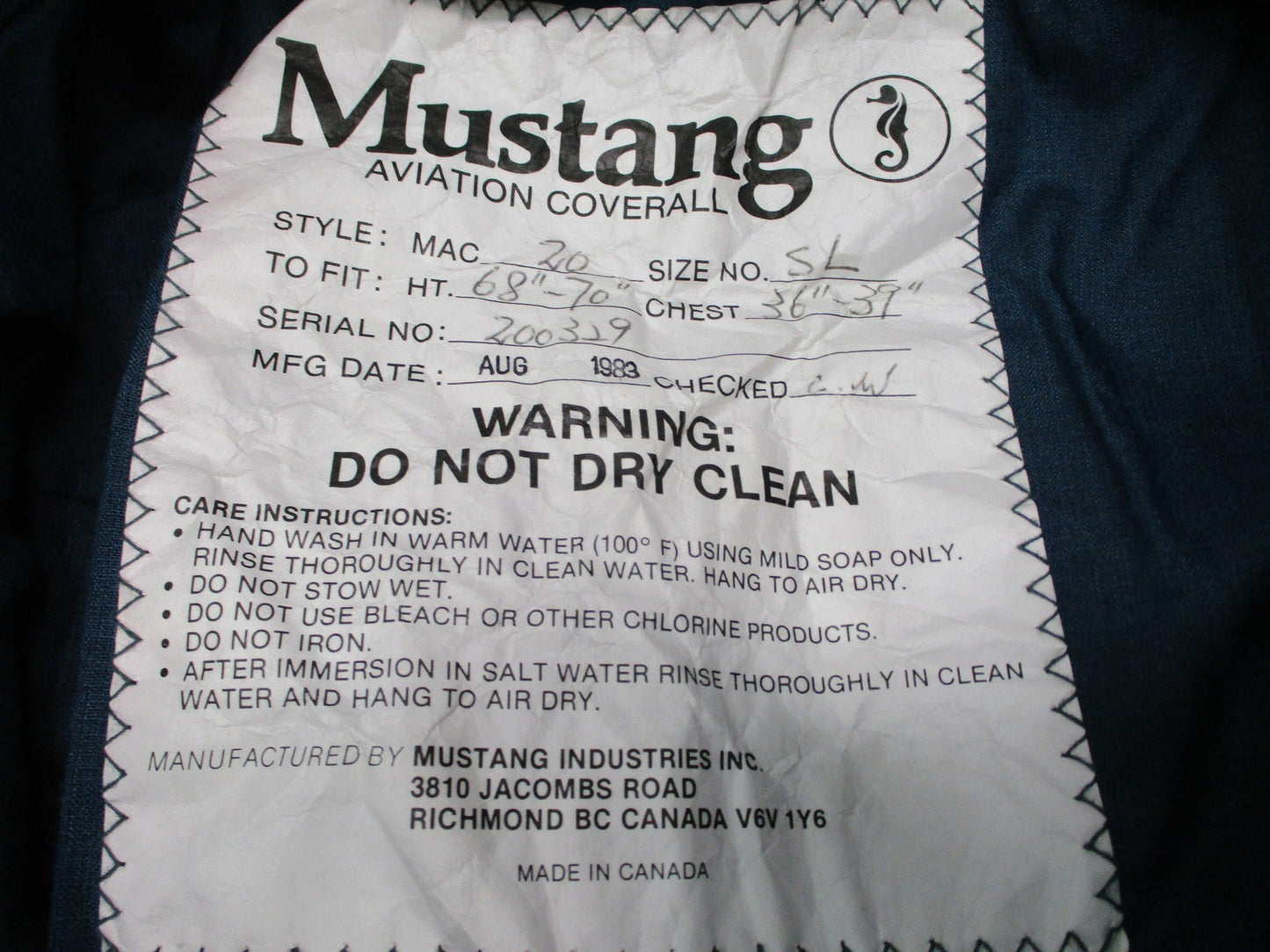 Vintage 1983 Mustang Aviation Coverall Flight Suit Olive Drab Size SL Military