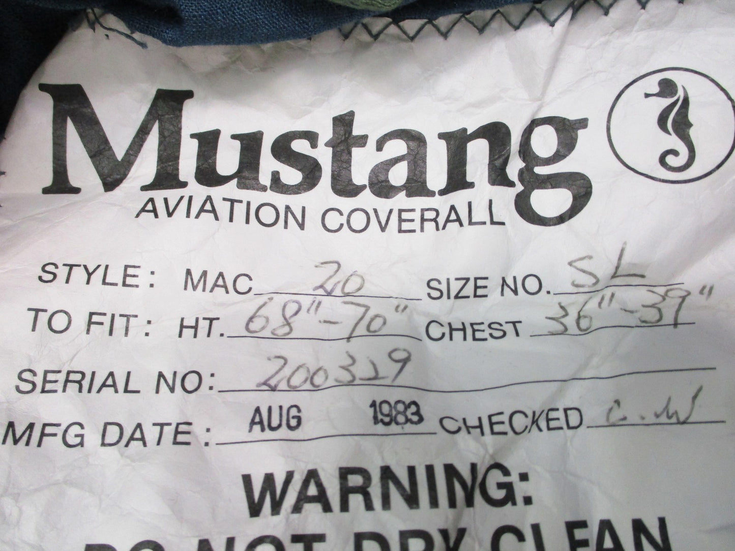 Vintage 1983 Mustang Aviation Coverall Flight Suit Olive Drab Size SL Military