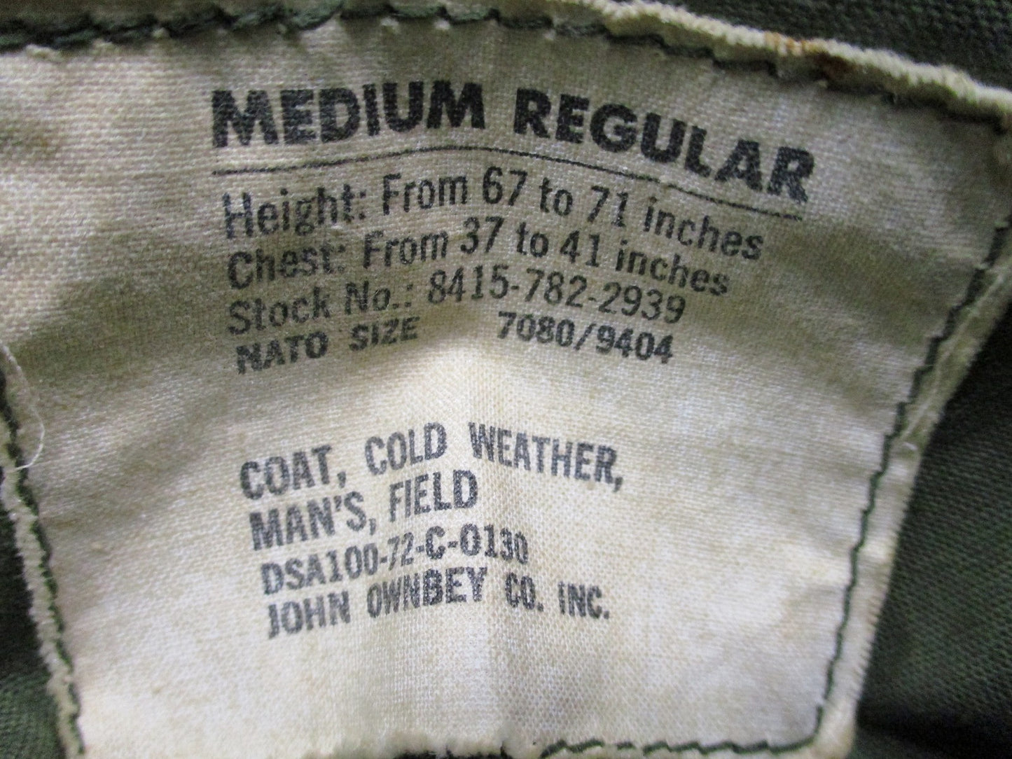 1972 US Army M65 Field Jacket Medium Regular OG-107 John Ownbey Vietnam Era