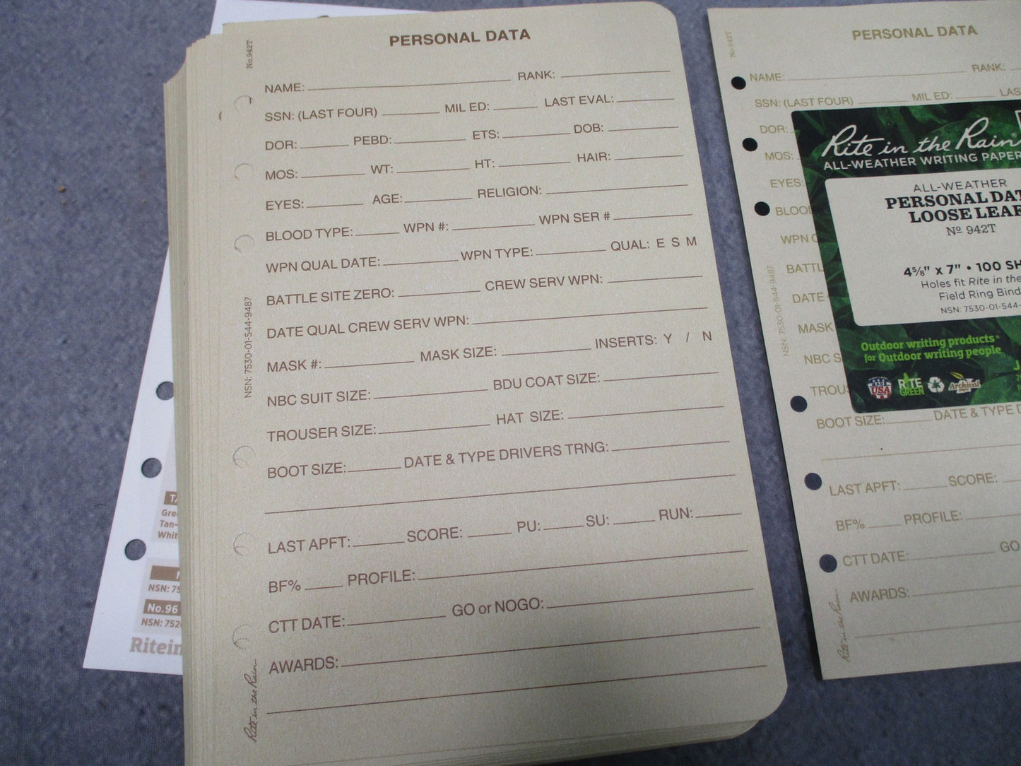 Rite in the Rain 942T Soldier's Personal Data Loose Leaf 4 5/8" x 7" 100 Sheets