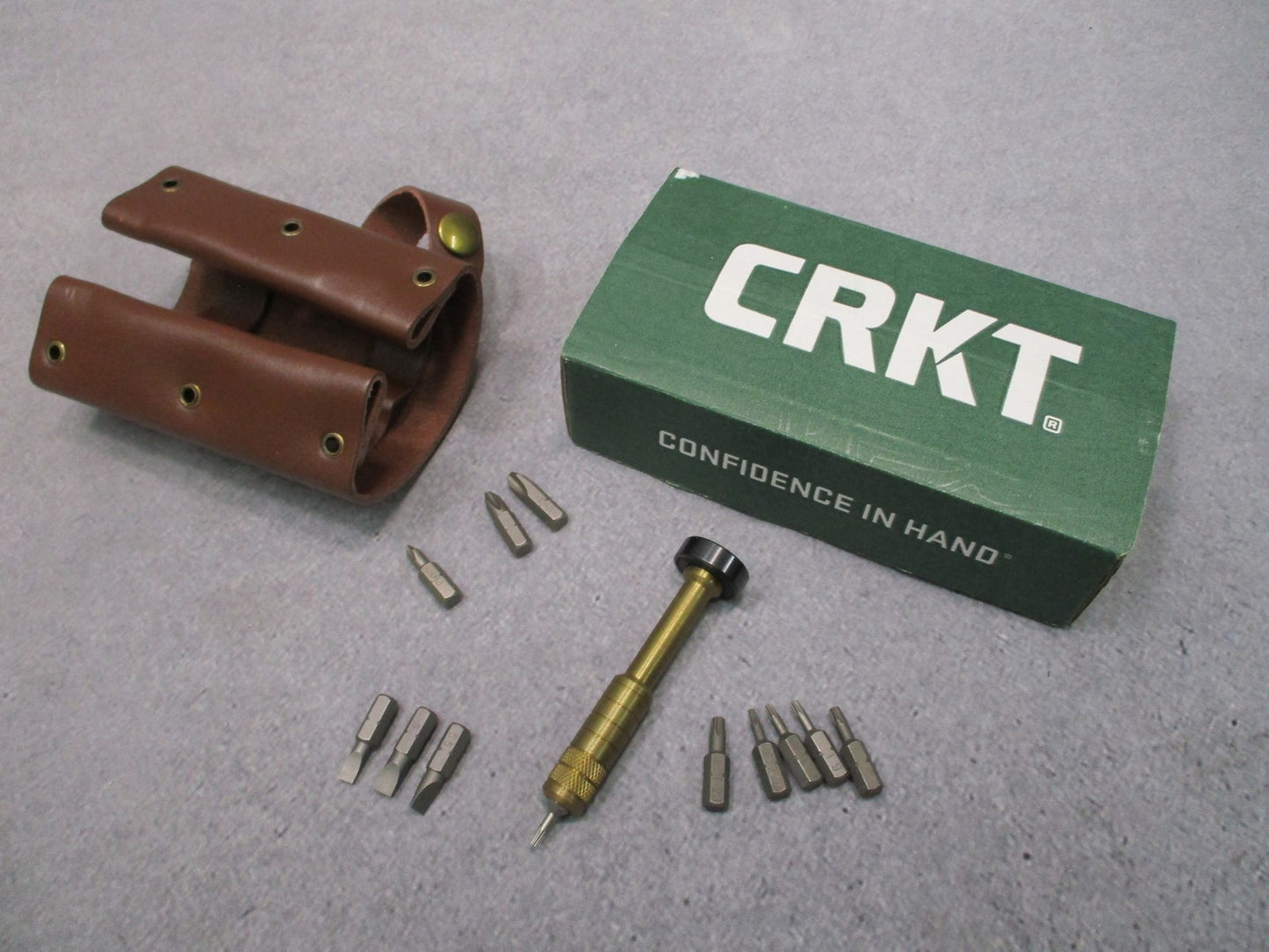 CRKT 9911 Hex Bit Driver Tool Roll - Brass Driver - Leather Roll Pouch -
