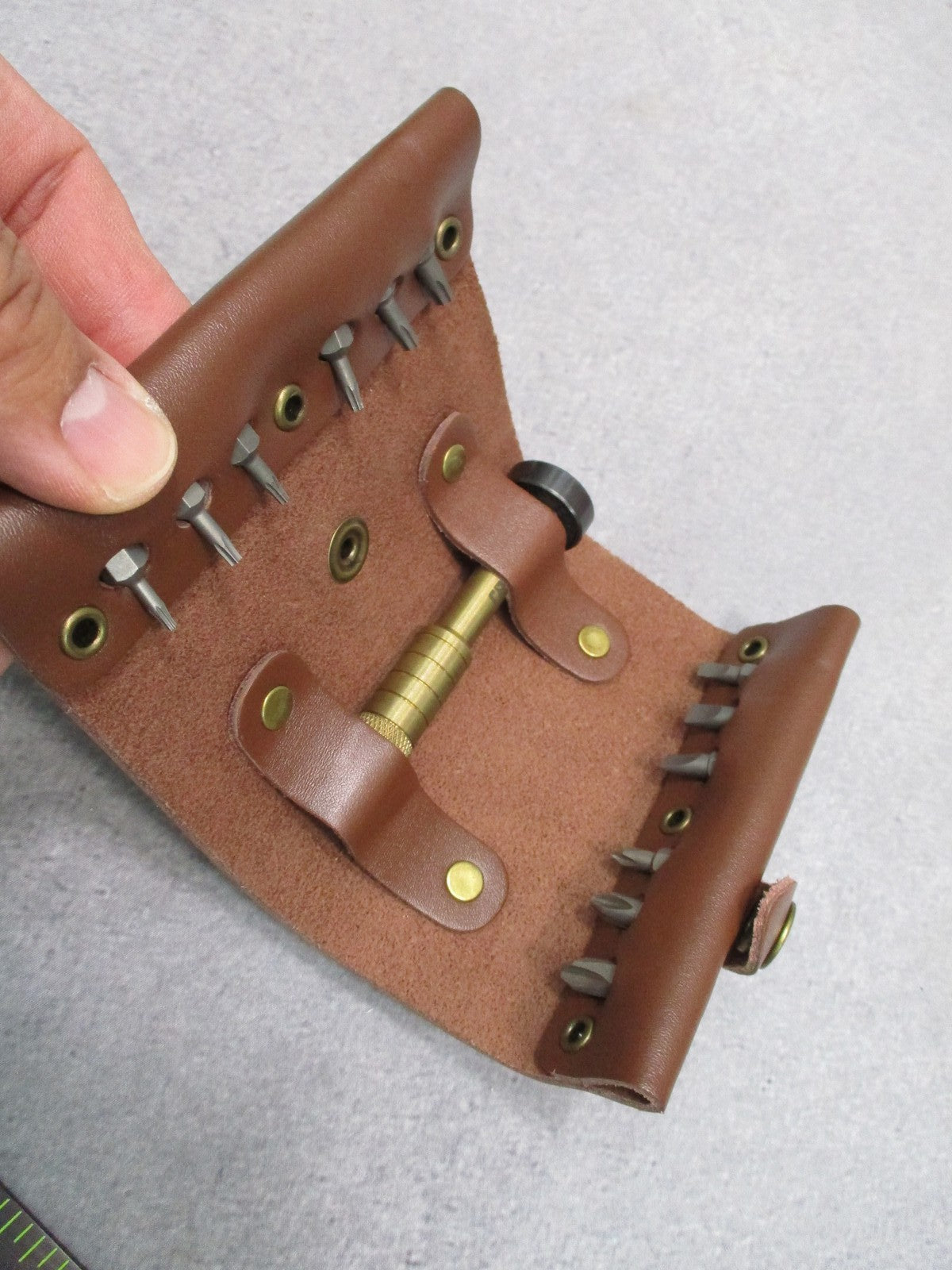 CRKT 9911 Hex Bit Driver Tool Roll - Brass Driver - Leather Roll Pouch -