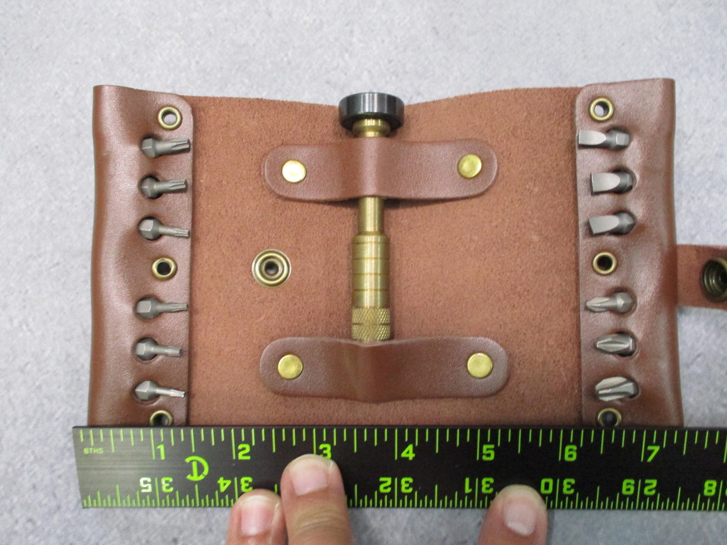 CRKT 9911 Hex Bit Driver Tool Roll - Brass Driver - Leather Roll Pouch -
