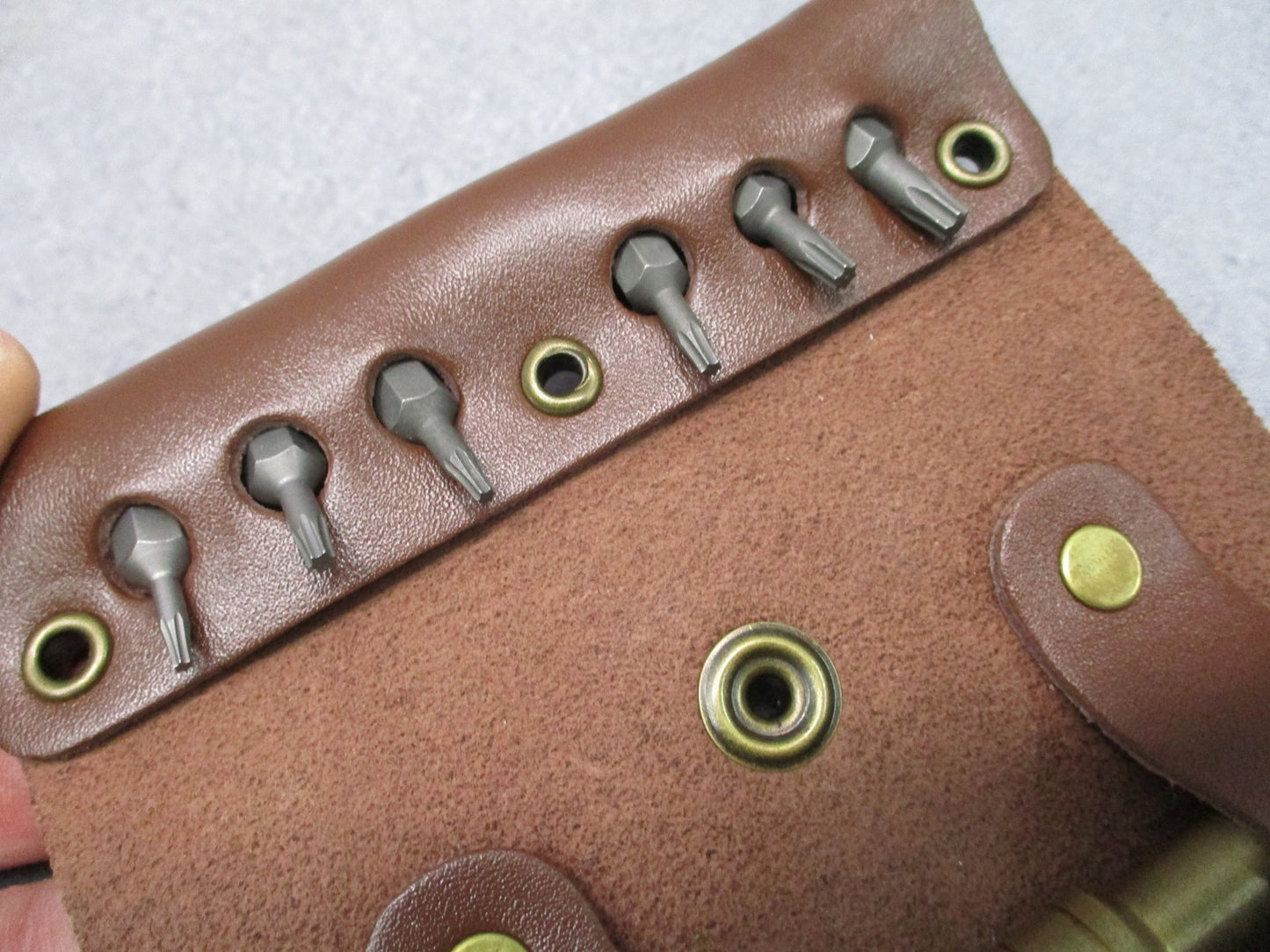 CRKT 9911 Hex Bit Driver Tool Roll - Brass Driver - Leather Roll Pouch -