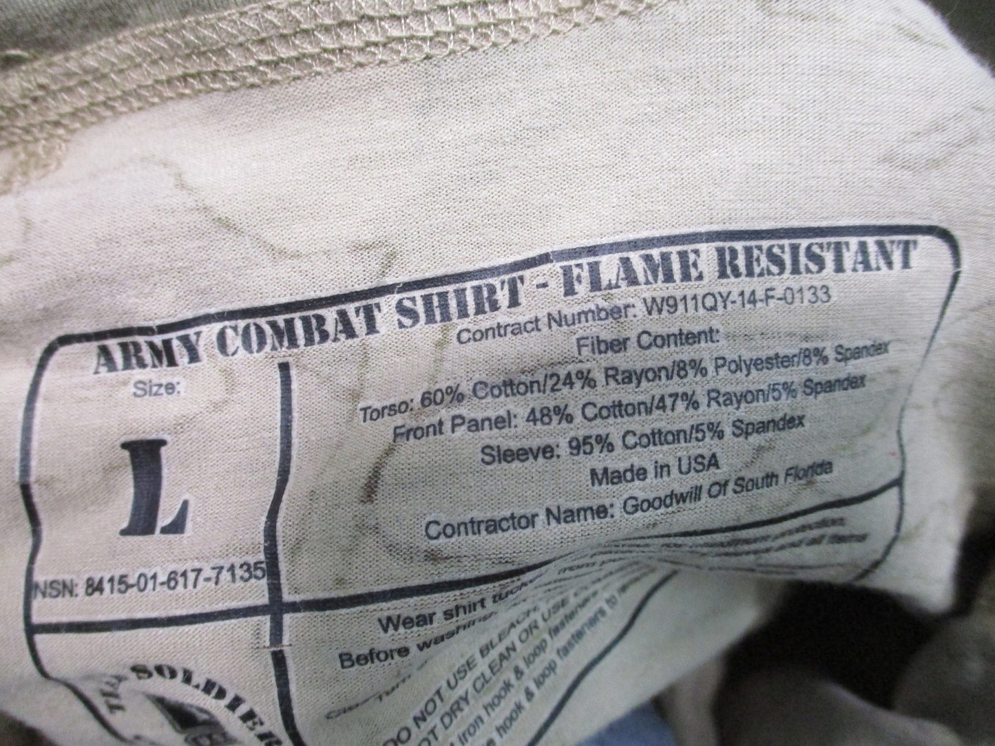 Genuine US Army Combat Shirt Multicam Flame Resistant Size Large ACS FR