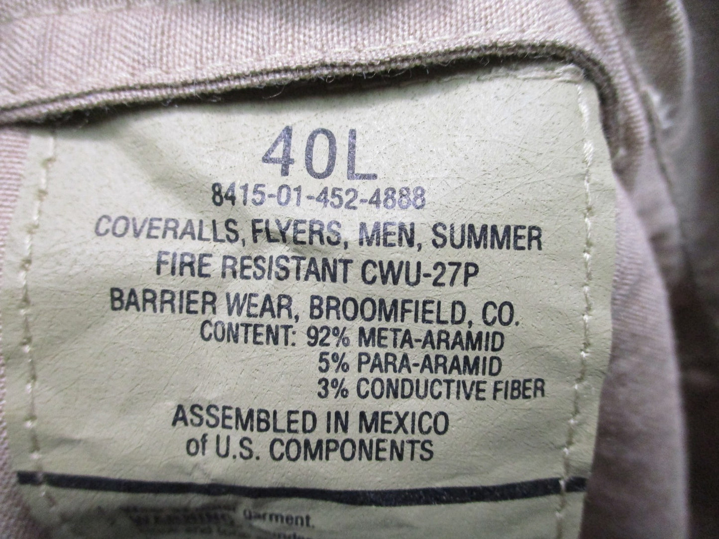 US Military CWU-27/P Flight Suit Coveralls Tan Fire Resistant Size 40L Army