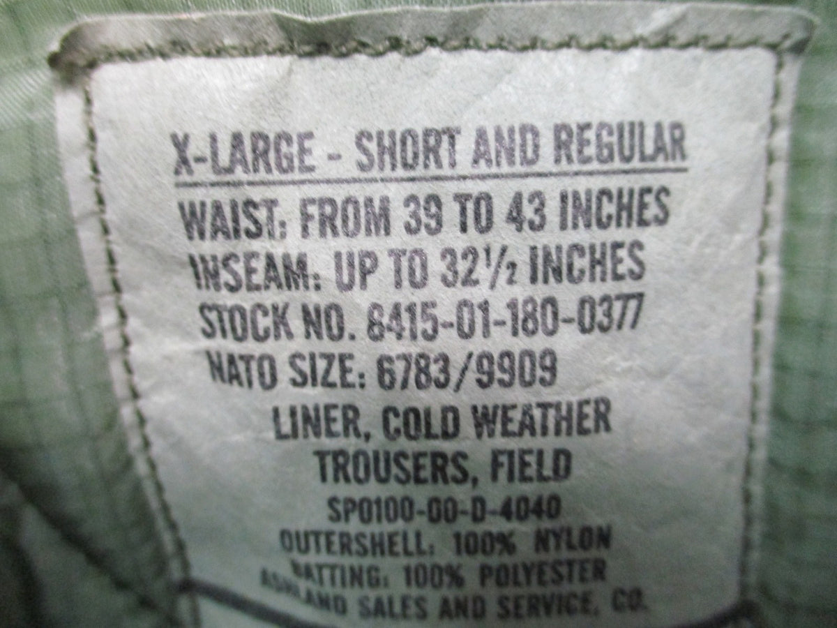 USGI M-65 Cold Weather Trouser Liner XL Short Regular NSN 8415-01-180-0377